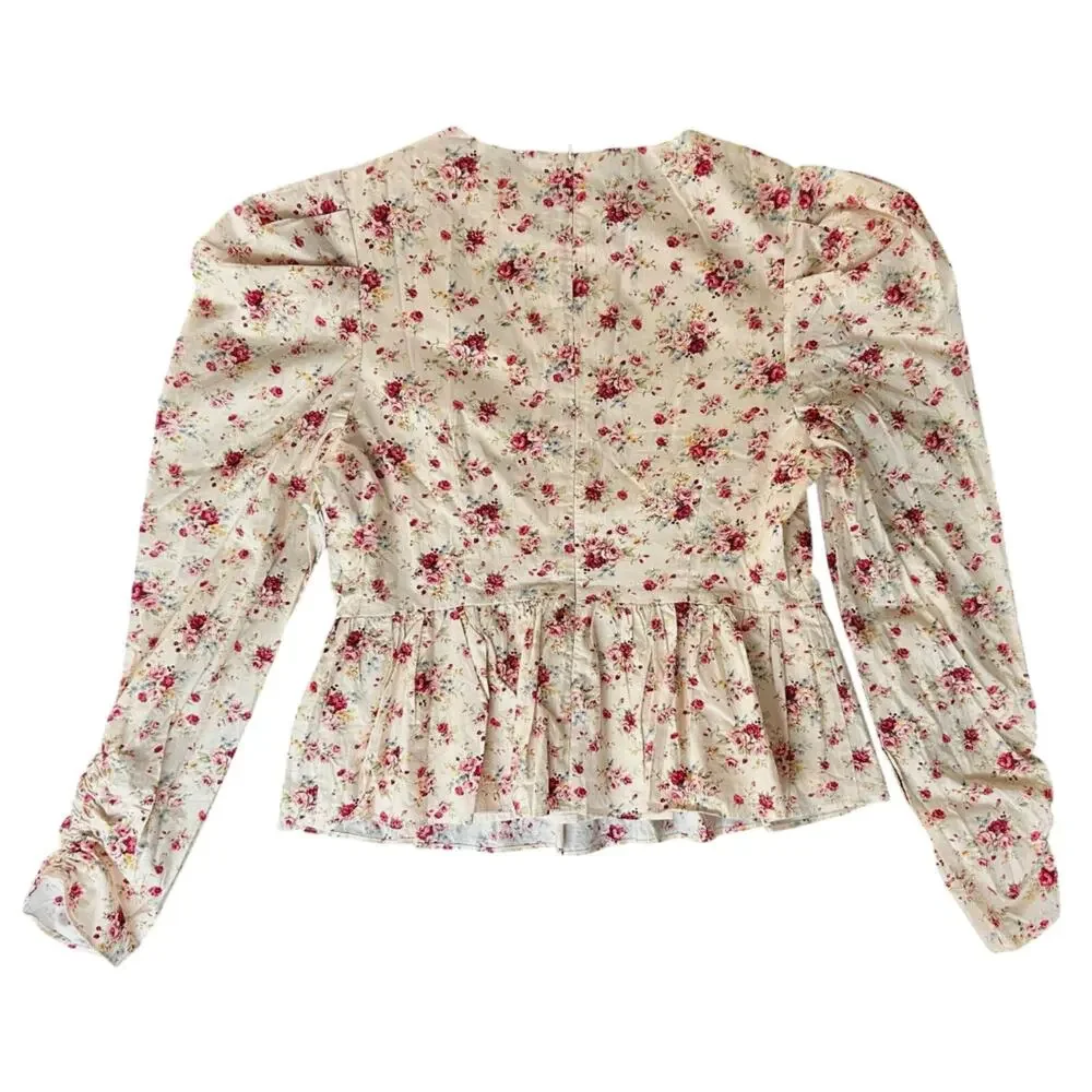 Tuckernuck Hyacinth House Ava Floral Peplum Blouse Medium Preppy Puff Sleeve Top